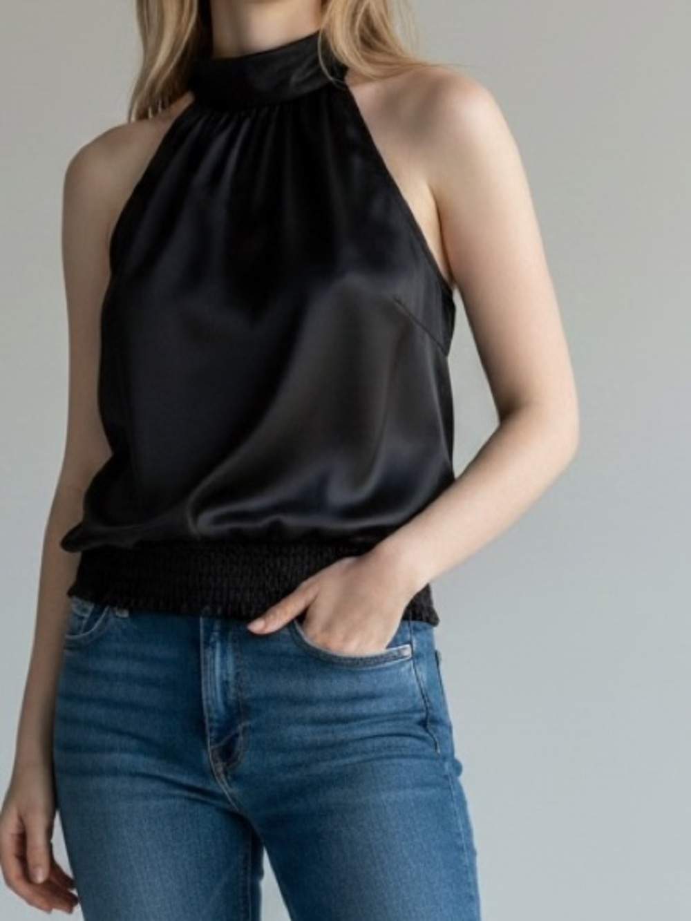 Classy Black Satin Halter Tie Neck  Top